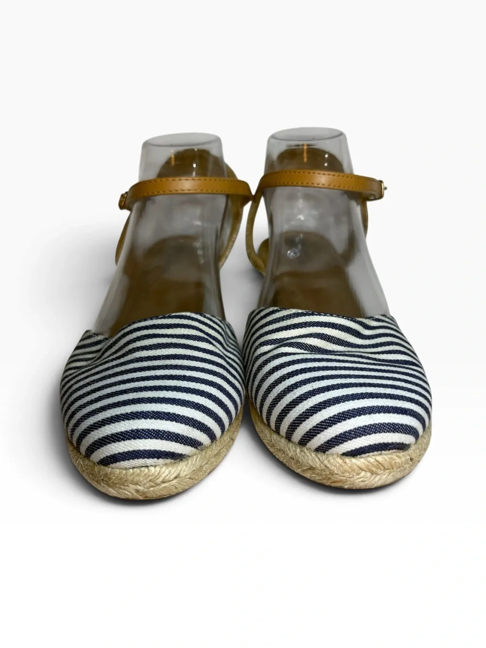 White Mountain Mamba Navy Blue and White Striped Espadrille Wedge Sandals Sz 9.5